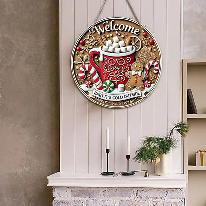 Wooden Circular Santa Claus Doorplate – Merry Christmas Sign Decor