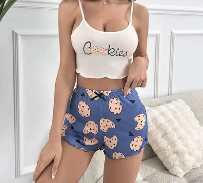 Lovely Cookies Sexy Lingerie Pajama Set | Milk Silk Tank & Shorts