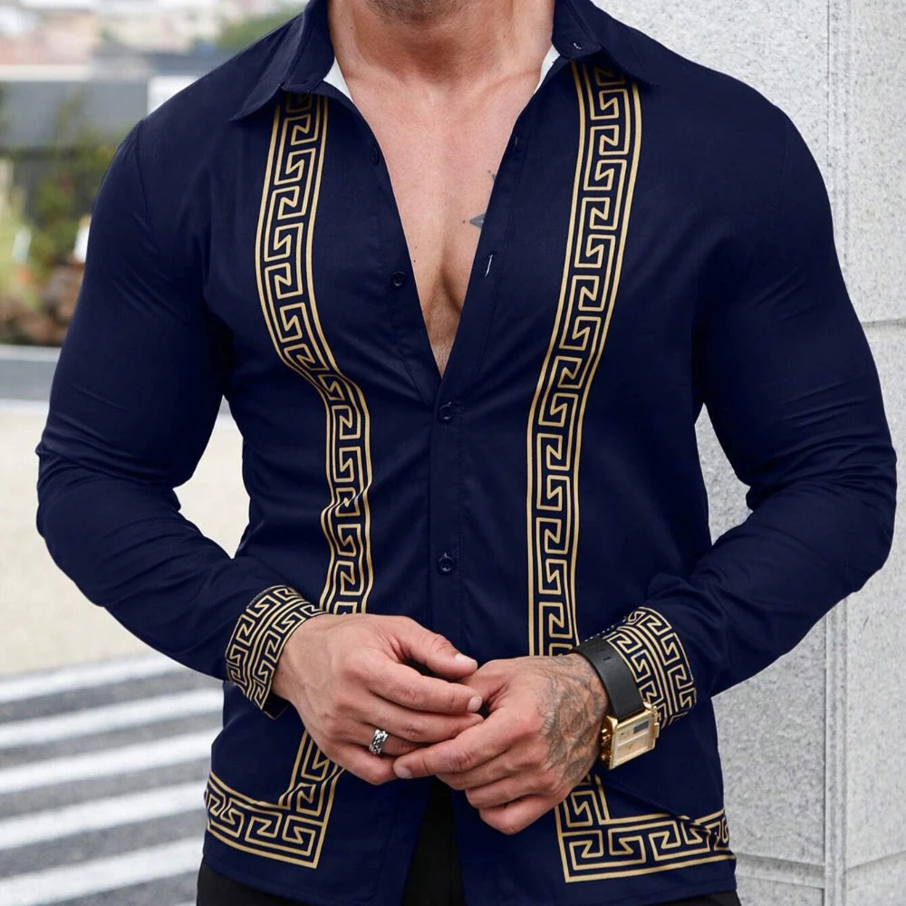 Men's Business Casual Retro Printed Shirt – Formal Button-Up with Four-Way Elastic Fabric