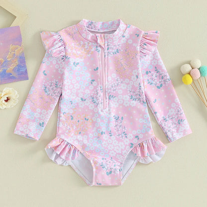 Cute Floral Print Ruffle Swimsuit – Long Sleeve Baby Bathing Suit