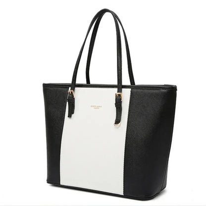 Women’s Fashion Leather Handbag | Black & White Large Capacity Shoulder Tote Bag