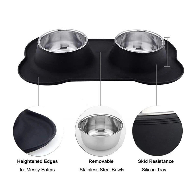 Antislip Double Dog Bowl with Silicone Mat