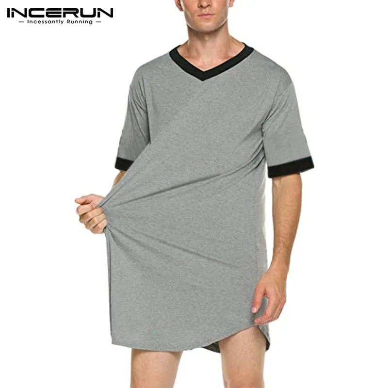 Men's Patchwork Sleep Robe - V-Neck Short Sleeve Nightgown