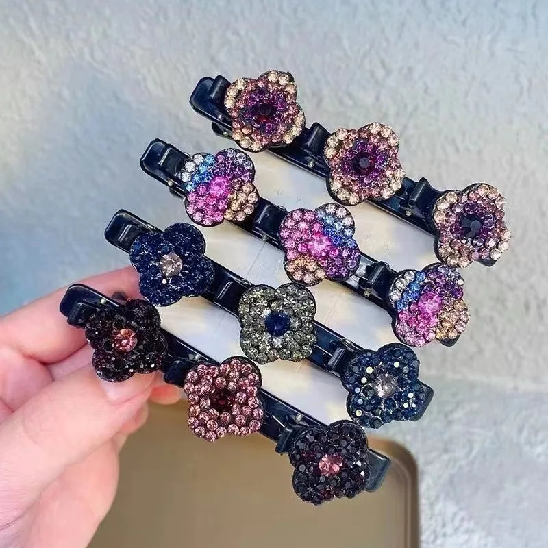 Crystal Stone Braided Hair Clips | Sparkling 3-Flower Accessory