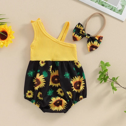 Summer Baby Girl 2-Piece Outfit | Sunflower Print Romper & Bow Headband