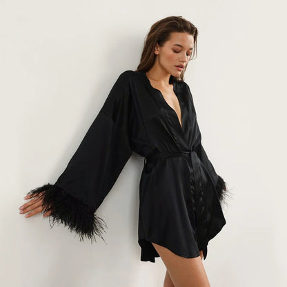 Satin Feather Bathrobe Mini Dress