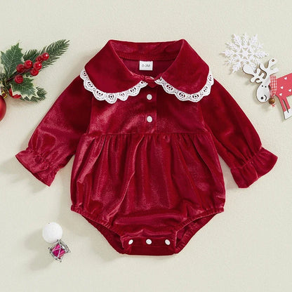 Baby Girl Lace Trim Velvet Romper | Long Sleeve Jumpsuit