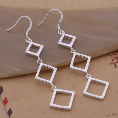 Fashion 925 Sterling Silver Square Rhombus Long Earrings