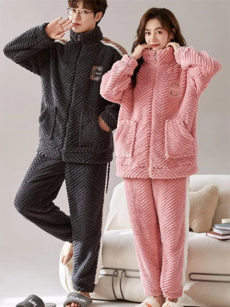 Winter Warm Couples Pajamas Set for Women - Cozy Fleece Wool Nightwear