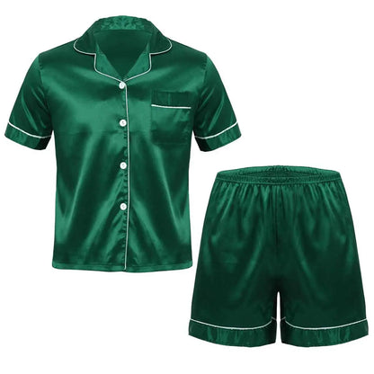 Men's Silky Satin Pajamas Set – Notch Collar Short Sleeve Button