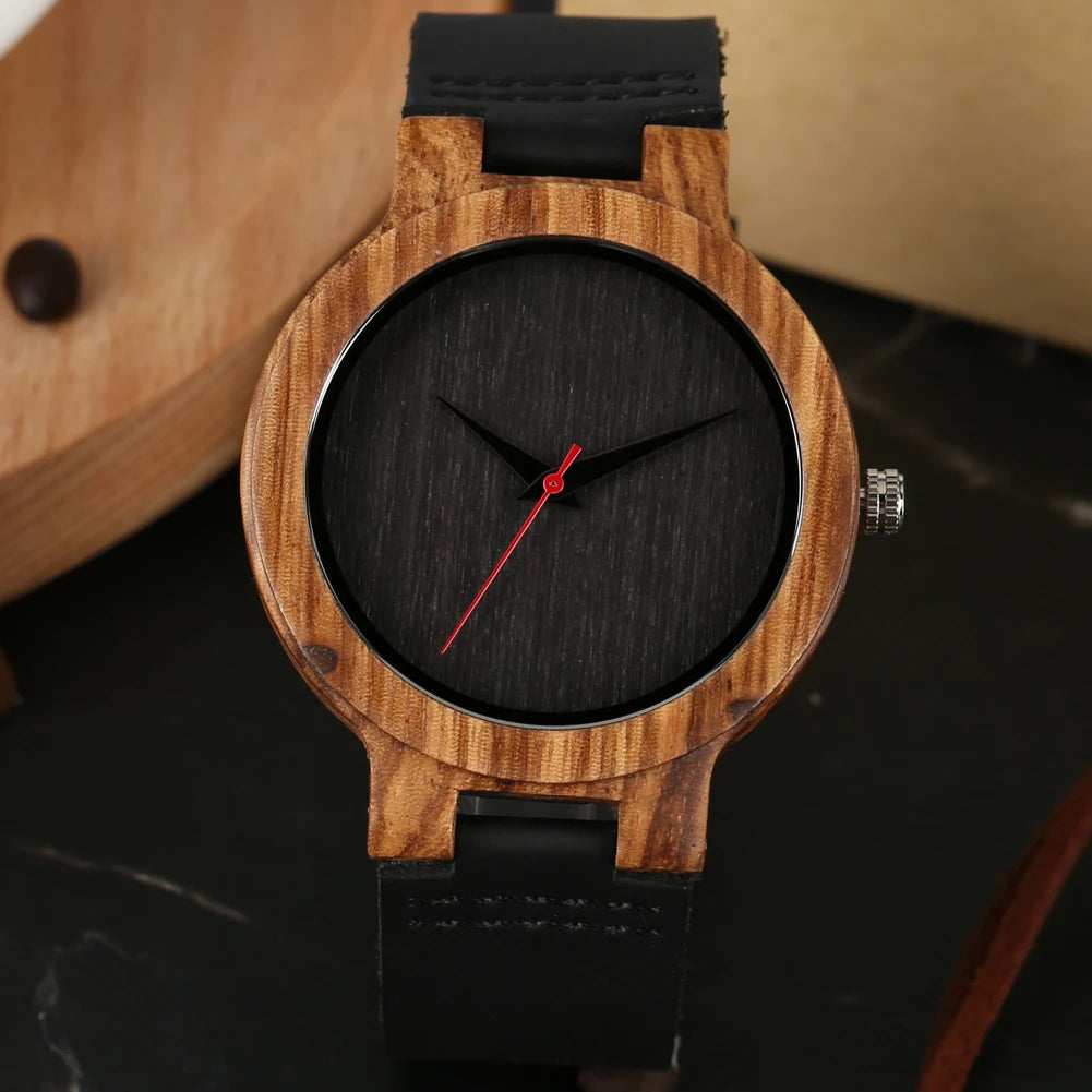 Men’s Vintage Bamboo Wood Watch – Leather Strap, Black/Coffee/Green Dial