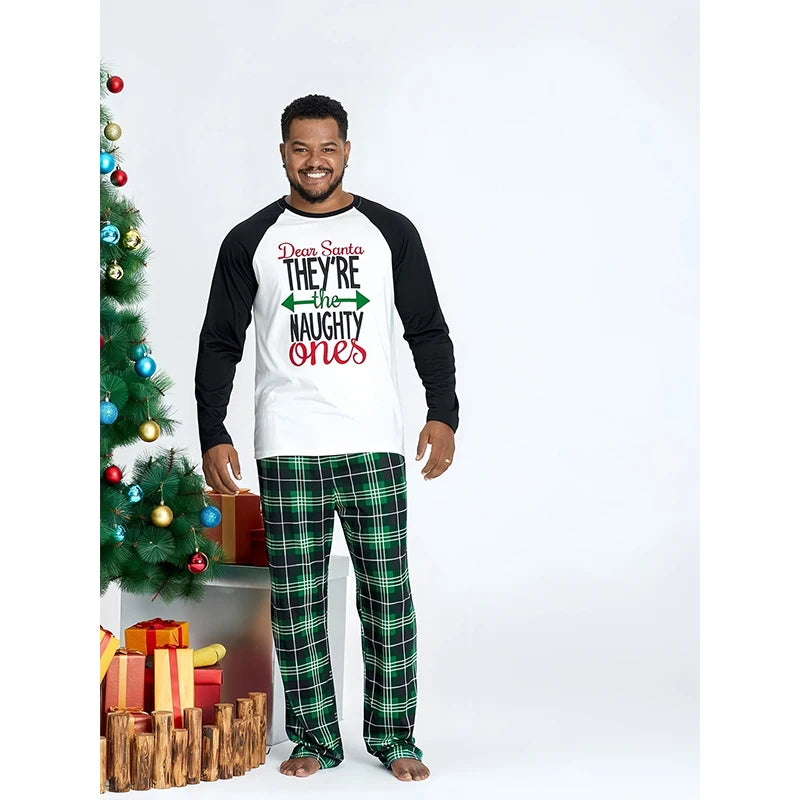 Family Matching Christmas Pajamas | Cotton Letter Print Tops & Plaid Pants