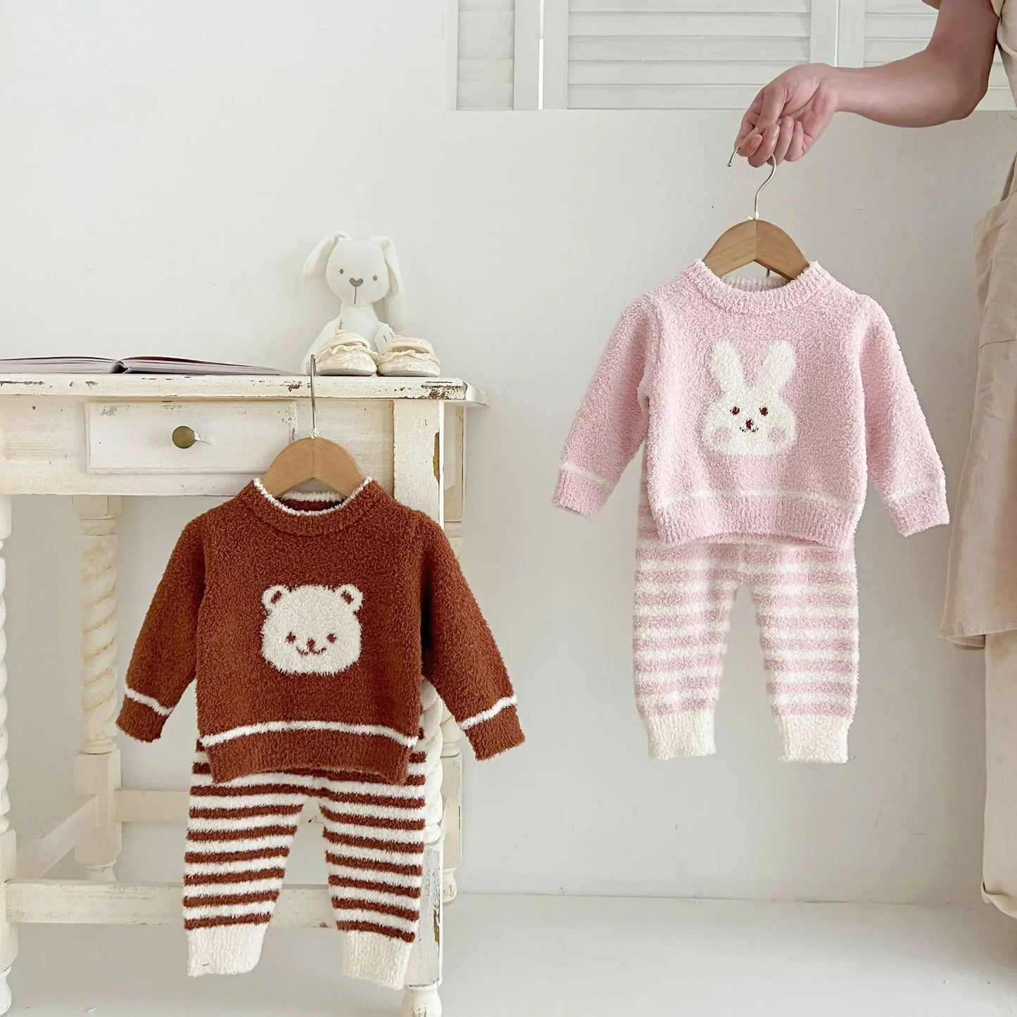 Autumn Winter Baby Girls 2-Piece Sleepwear - Velvet Tops & Striped Pants