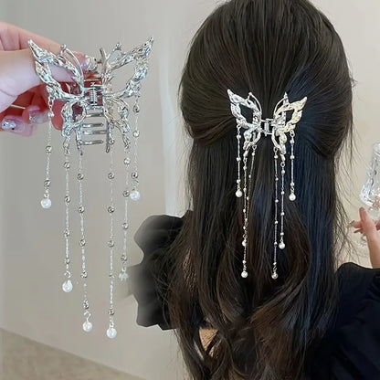 Korean Shark Crab Clips | Stylish Hairpin with Butterfly & Pearl Tassel