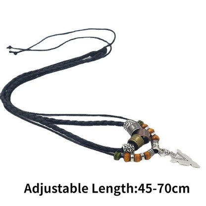 Stacked Artificial Leather Rope Beaded Necklace – Men’s Vintage Layered Tribal Arrow Pendant Jewelry