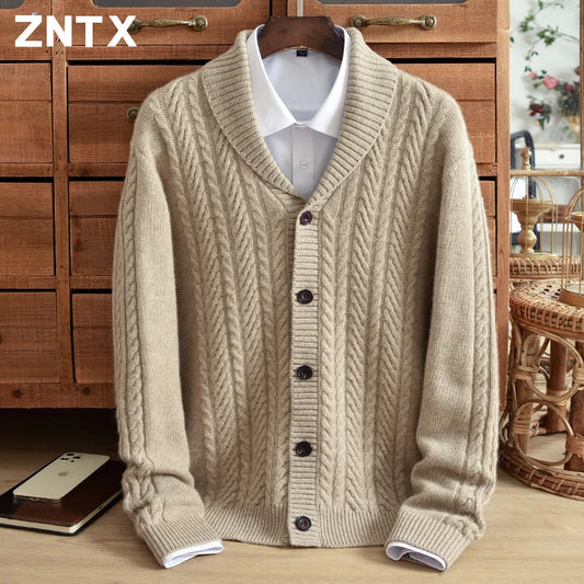 ZNTX Men's Pure Cashmere Cardigan – Thick Winter Knit Sweater