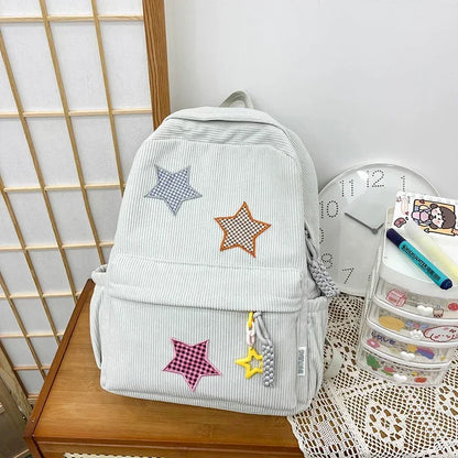 Solid Star Twist Zipper Corduroy School Bag