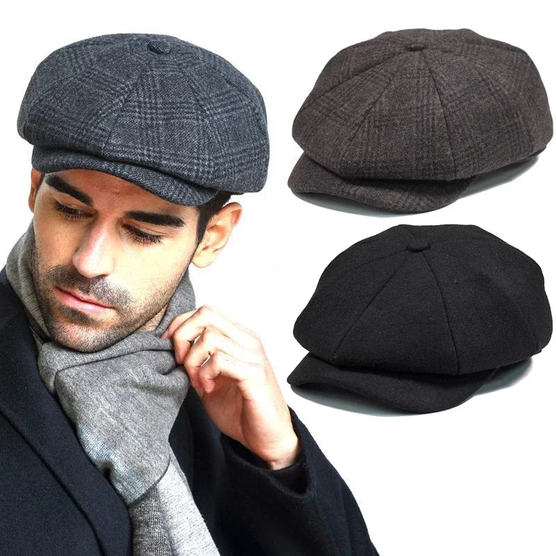 Fashion Wool Herringbone Hat – Retro British Style Flat Cap for Men and Women