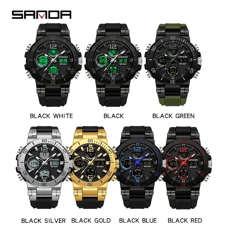 Sanda 6167 Dual Screen LED Digital Watch: Waterproof Multifunctional Sports Timepiece