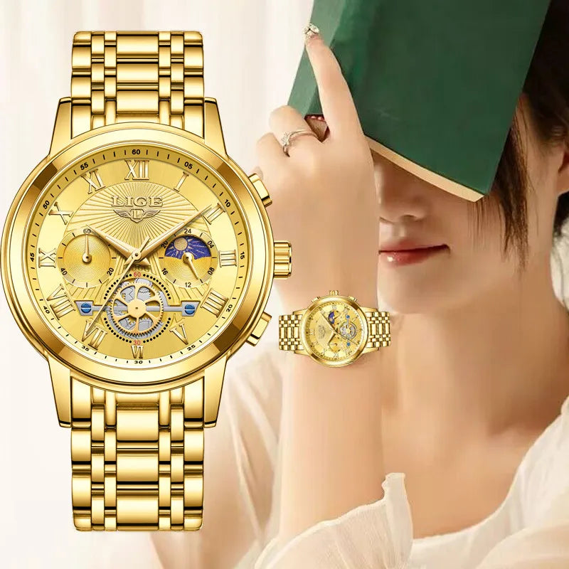 LIGE Ladies Waterproof Gold Watch with Luminous Features