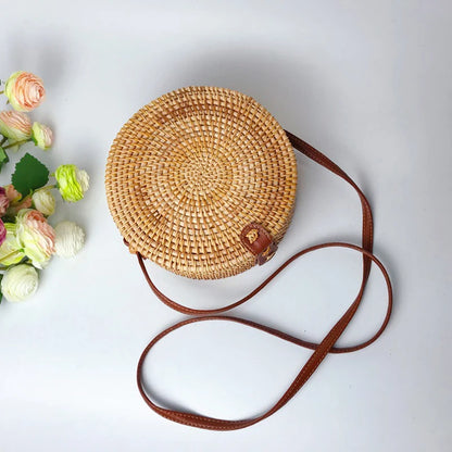 Rattan Woven Shoulder Bag | Round Straw Beach Bag