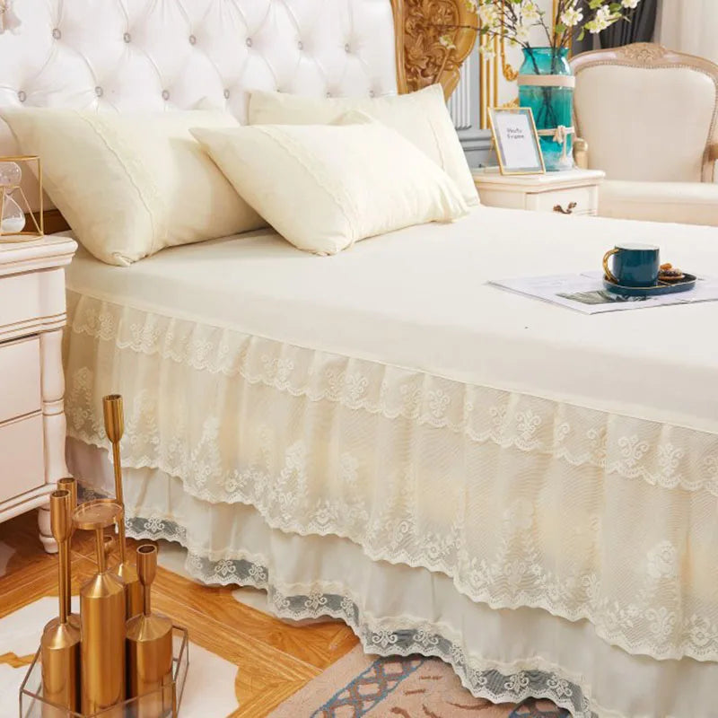 Lace Ruffled Bed Skirt | Elegant Solid Color Non-Slip Mattress Cover