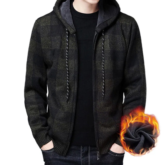 Men's Thickened Fleece Cardigan – Warm Hooded Knit Sweater