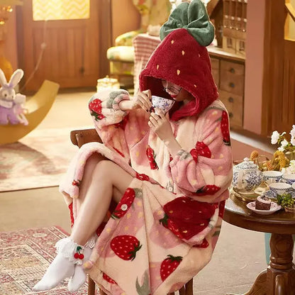 Women’s Strawberry Flannel-Hooded Bathrobe