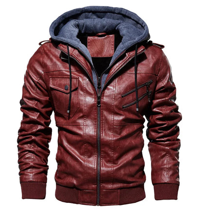 Men's PU Leather Jacket with Plush Fleece Hood – Winter Casual Outerwear