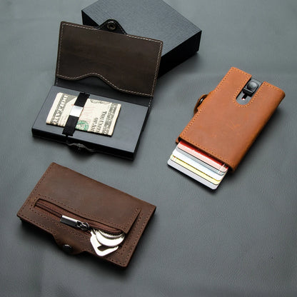 CASEKEY Men's Wallet - 100% Genuine Cow Leather Popup Short Card Holder