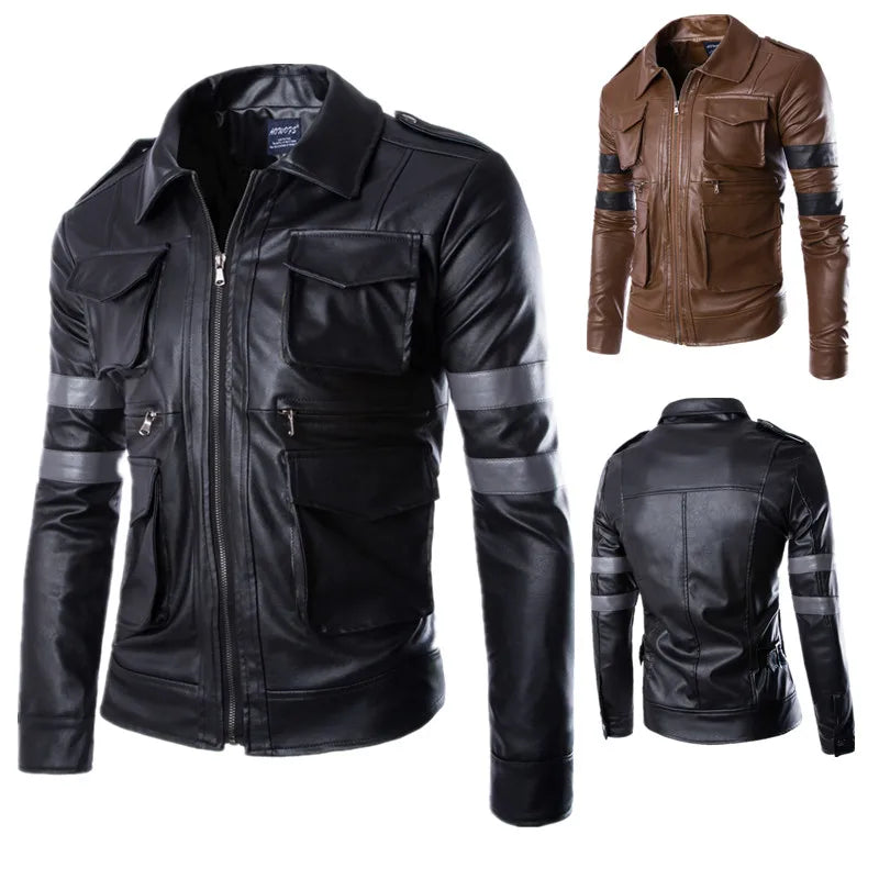 High-End Slim-Fit Lyon Leather Jacket with Three-Dimensional Pockets