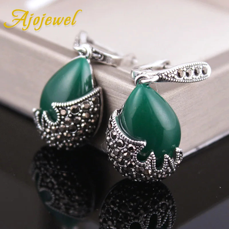 Ajojewel Waterdrop Green Stone Vintage Jewelry Set – Elegant Black Rhinestone Earrings, Necklace &amp; Ring for Women