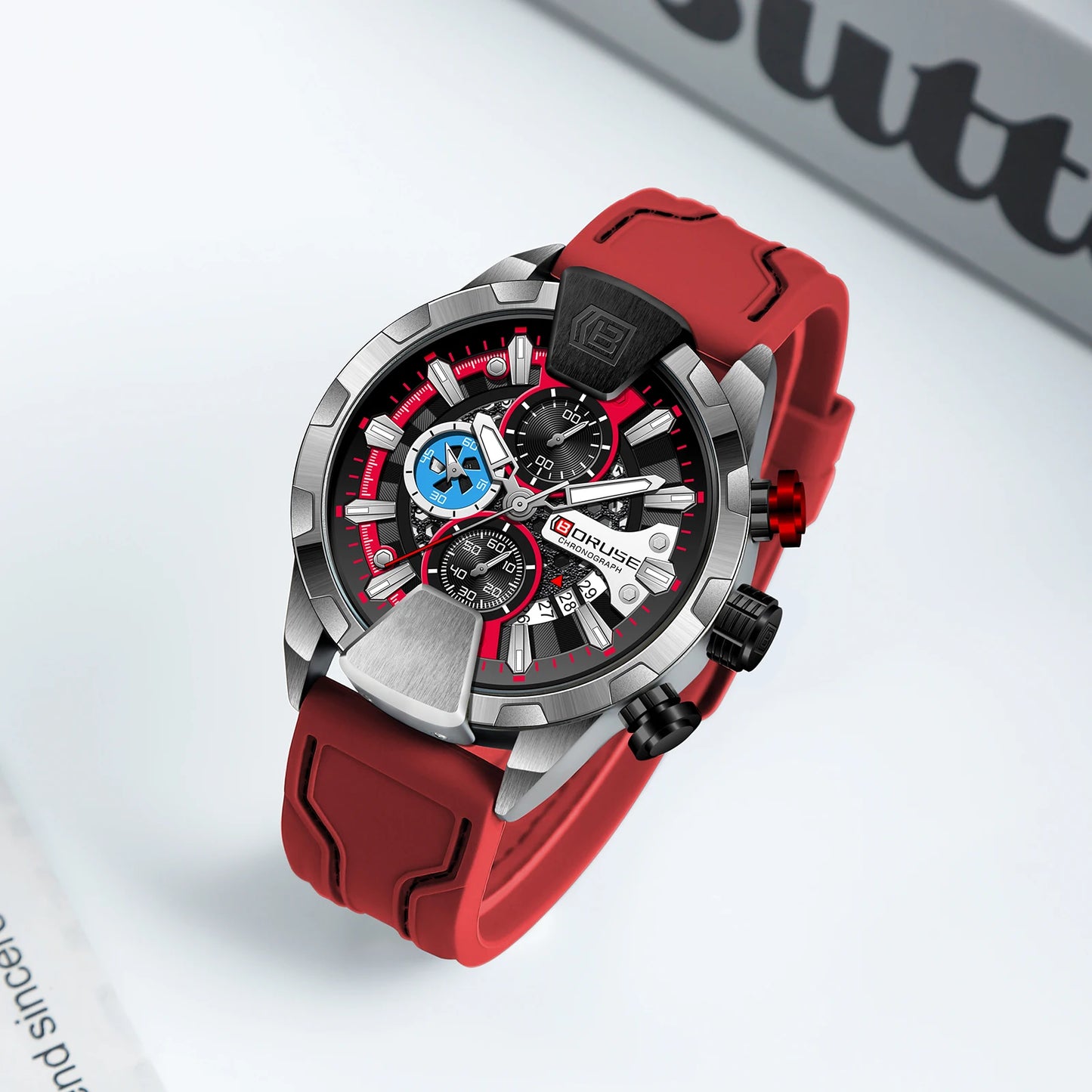 Luxury Red Chronograph Quartz Watch for Men with Silicone Band