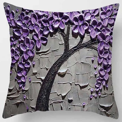 Peach Skin Velvet Oil Painting Tree Flower Pattern Pillow Protector 45x45cm