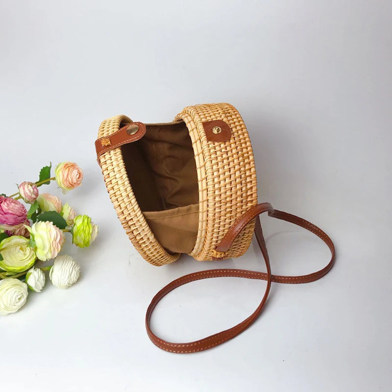 Rattan Woven Shoulder Bag | Round Straw Beach Bag