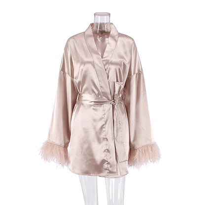 Satin Feather Bathrobe Mini Dress