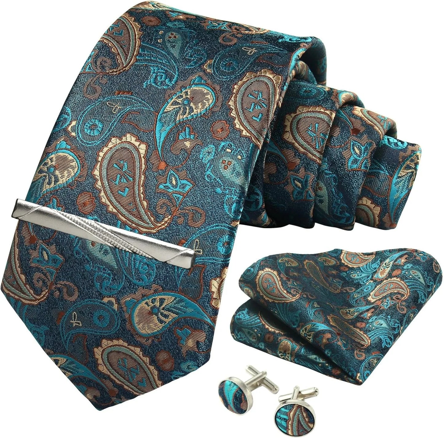 100% Silk Paisley Floral Necktie Set – Tie, Pocket Square, Clip & Cufflinks