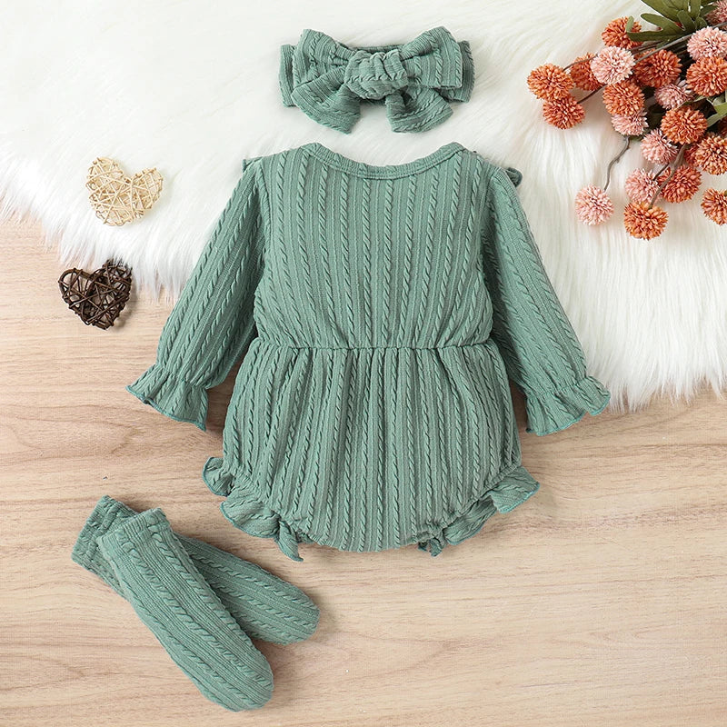 3-Piece Fall Outfit Set for Baby Girls | Ruffle Romper, Socks & Headband