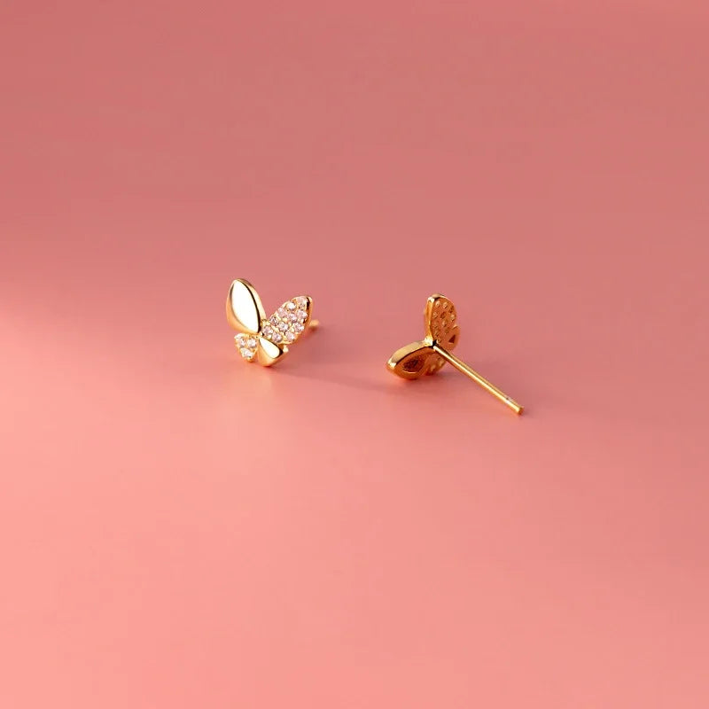 925 Sterling Silver Tiny Zircon Butterfly Stud Earrings