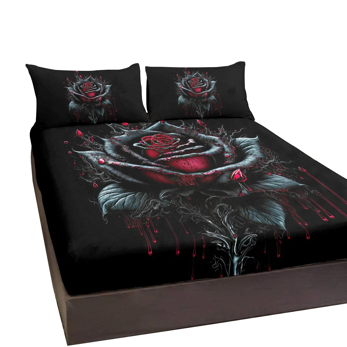 3D Black Red Rose Bedding Set – Romantic Floral Fitted Sheet with 2 Pillowcases