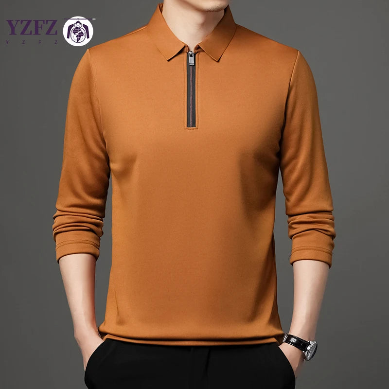 Men's Solid Color Long Sleeve Polo Shirt – Fashion Zipper Neck Top