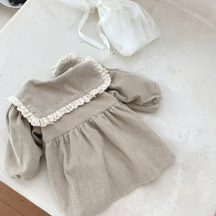 Corduroy Lace Ruffle Collar Full Sleeve Baby Dress