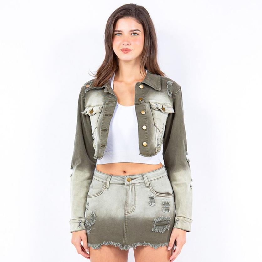 American Bazi Distressed Ombre Washed Cropped Denim Jacket