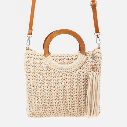 Fame Crochet Knit Convertible Tote Bag with Tassel