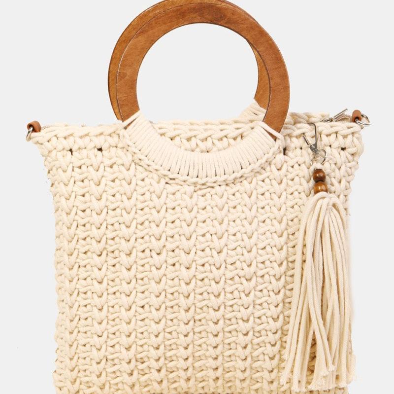 Fame Crochet Knit Convertible Tote Bag with Tassel