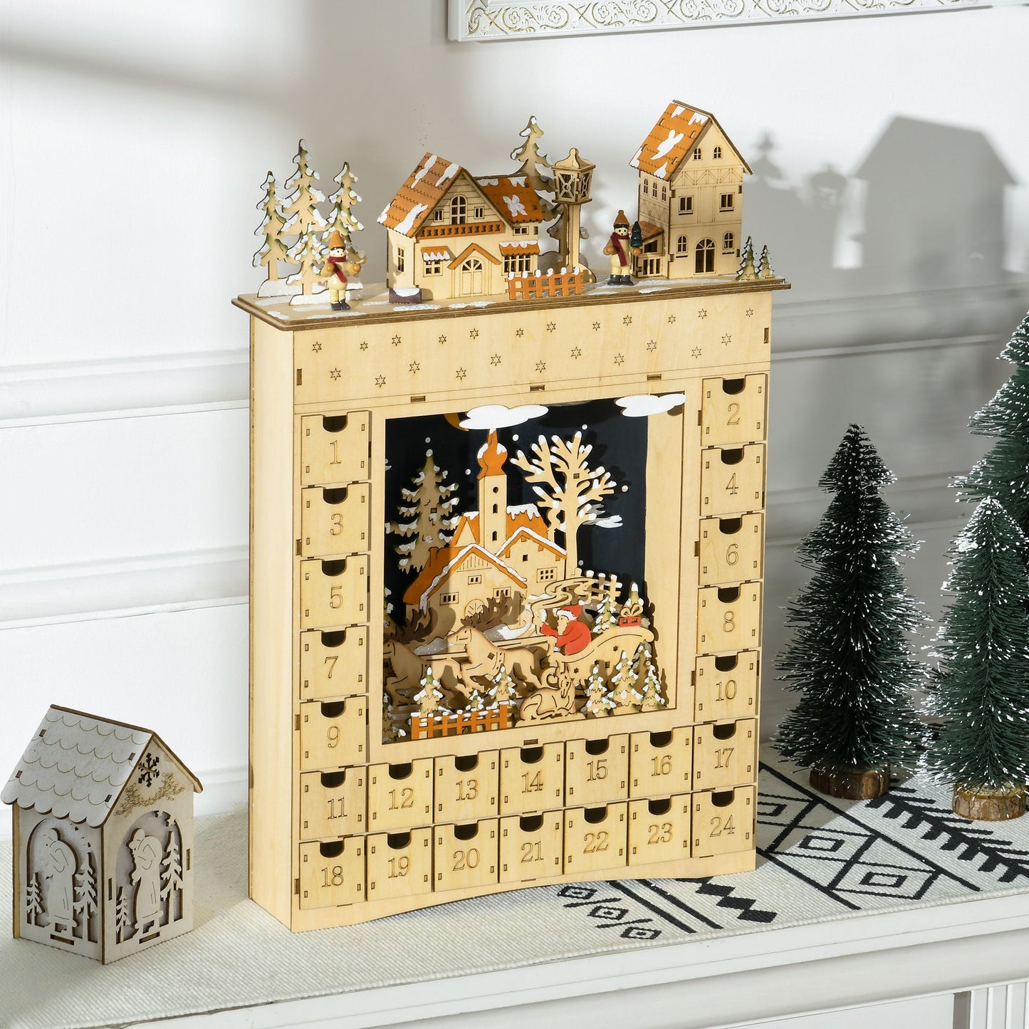 Christmas Advent Calendar with LED Lights, Wooden Holiday Decoration, 24 Countdown Drawers, Battery Operated