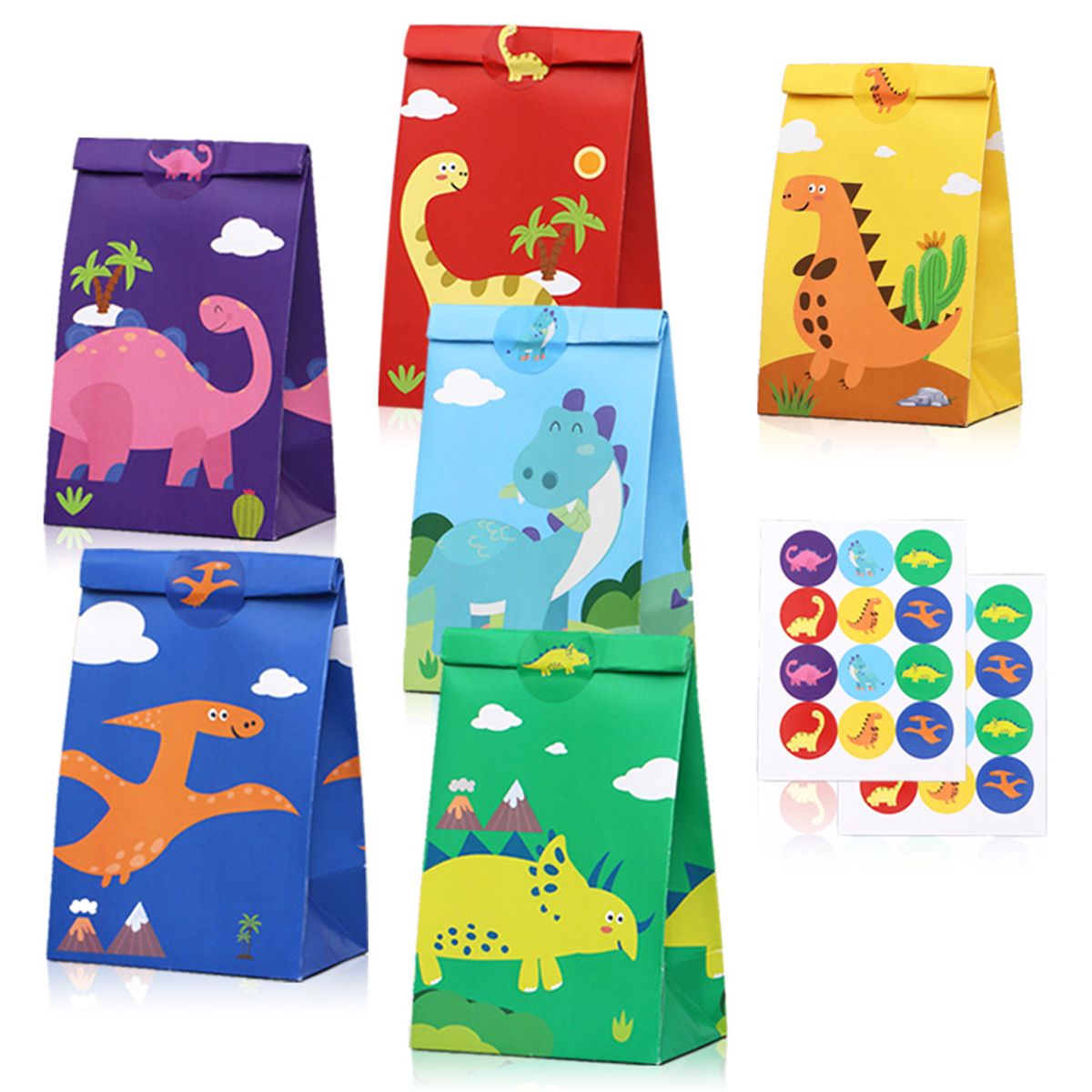 12Pcs Cartoon Dinosaur Gift Bags with 24Stickers,Dinosaur Pattern Paper Treat Wrap Bags Party Favor Gift Supplies for Dinosaur Theme Birthday Party