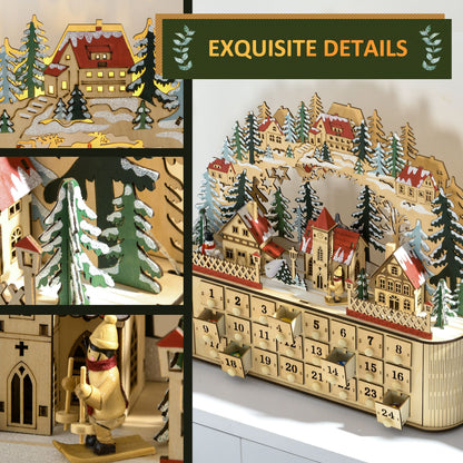 Christmas Advent Calendar with LED Lights, Wooden Holiday Decoration, 24 Countdown Drawers, Battery Operated