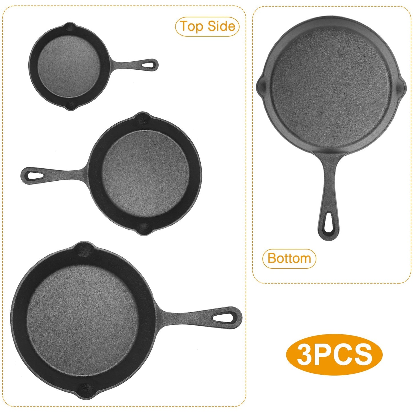 3 Pcs Pre-Seasoned Cast Iron Skillet Set – Durable & Versatile Cookware