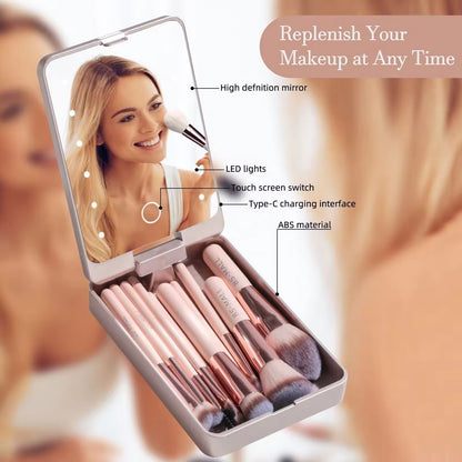 14 pcs Travel Makeup Brush Set with LED Light Mirror